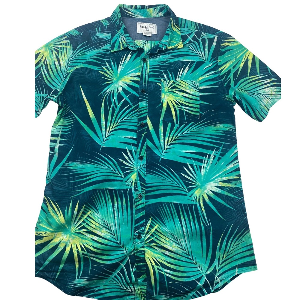 Billabong Mens Large Green Palm Leaf Tropical Short Sleeve Button Down Shirt